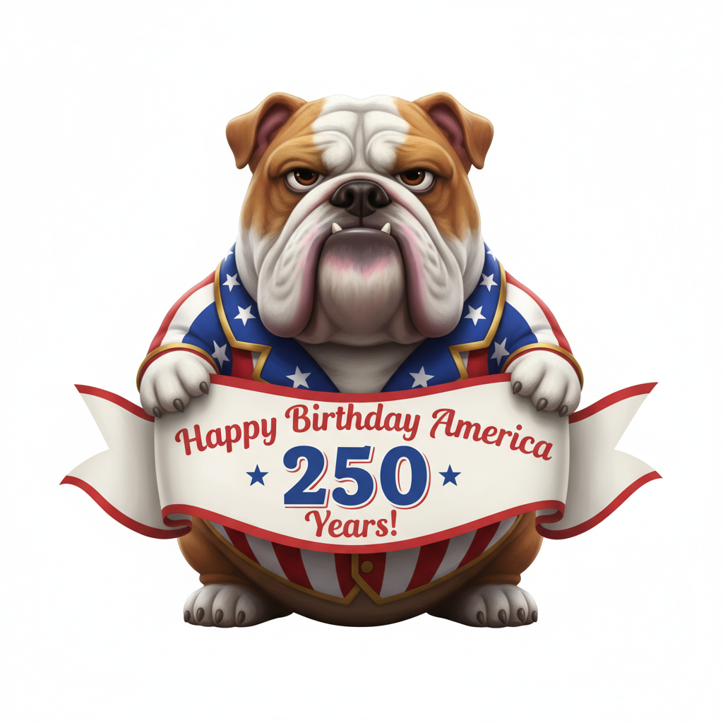 Pixar-style Bulldog in red white and blue patriotic coat holding Happy Birthday America 250 Years banner
