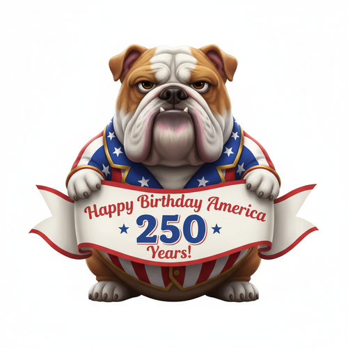 Pixar-style Bulldog in red white and blue patriotic coat holding Happy Birthday America 250 Years banner