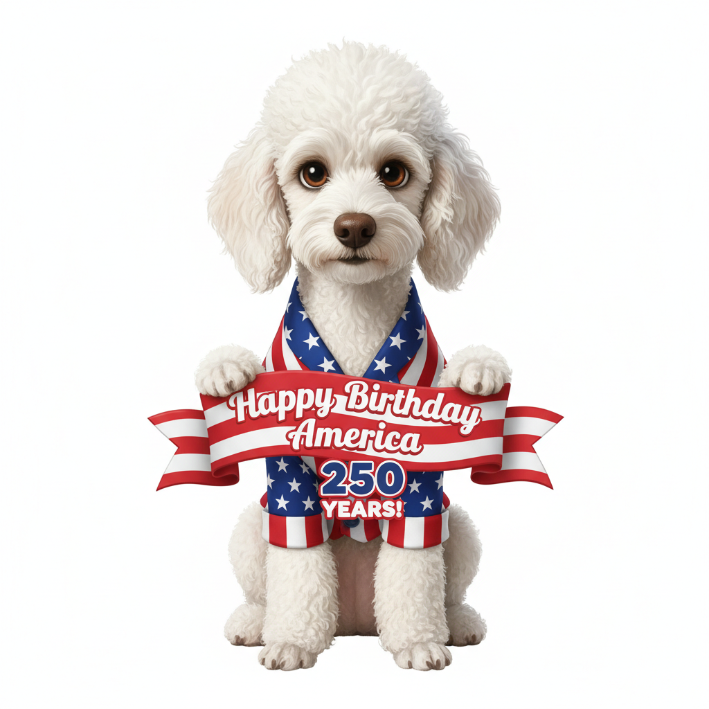 Pixar-style Poodle in red white and blue patriotic coat holding Happy Birthday America 250 Years banner