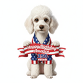 Pixar-style Poodle in red white and blue patriotic coat holding Happy Birthday America 250 Years banner